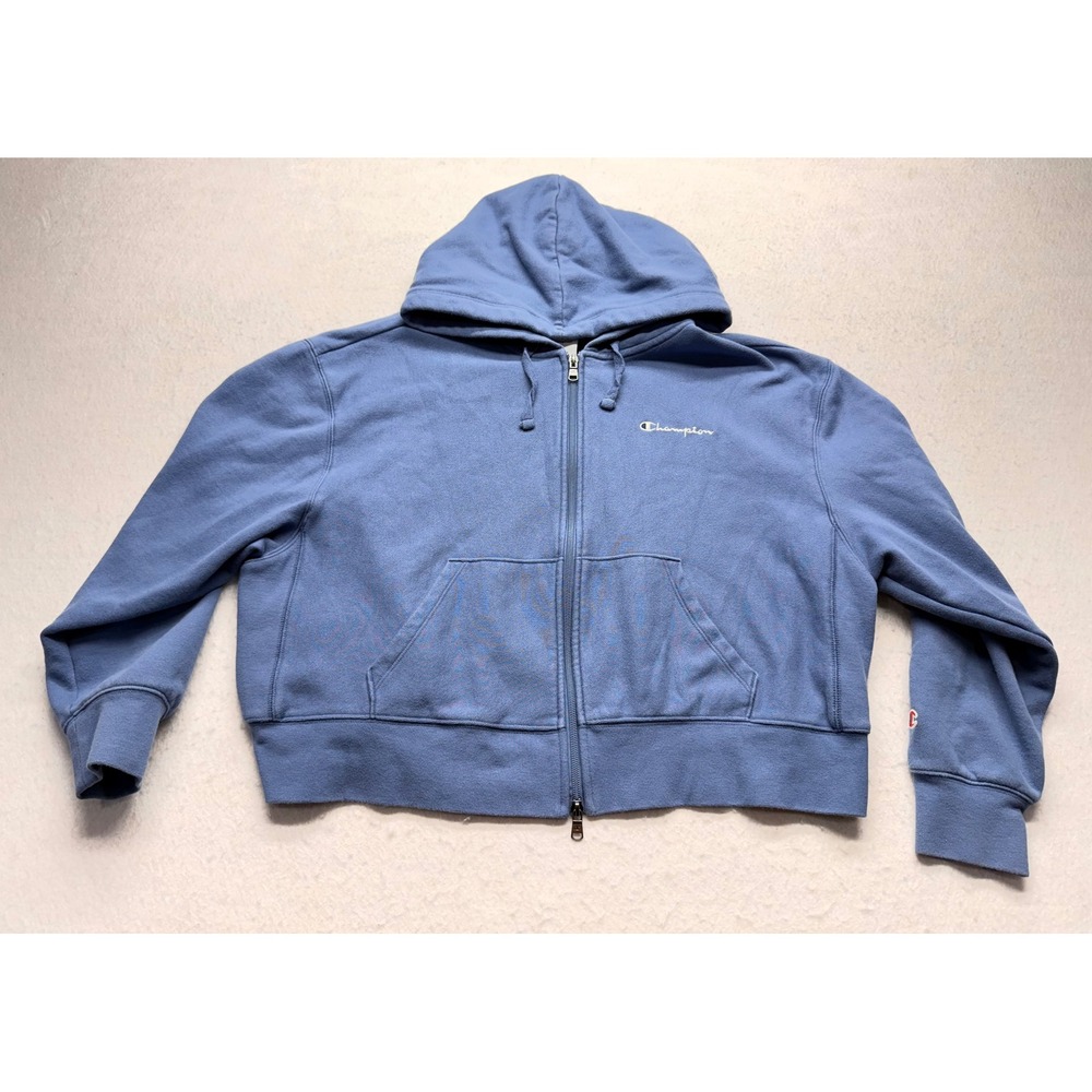 Champion USA Athletic Full Zip Cropped Hoodie Blue Fleece Sweatshirt Womens XL